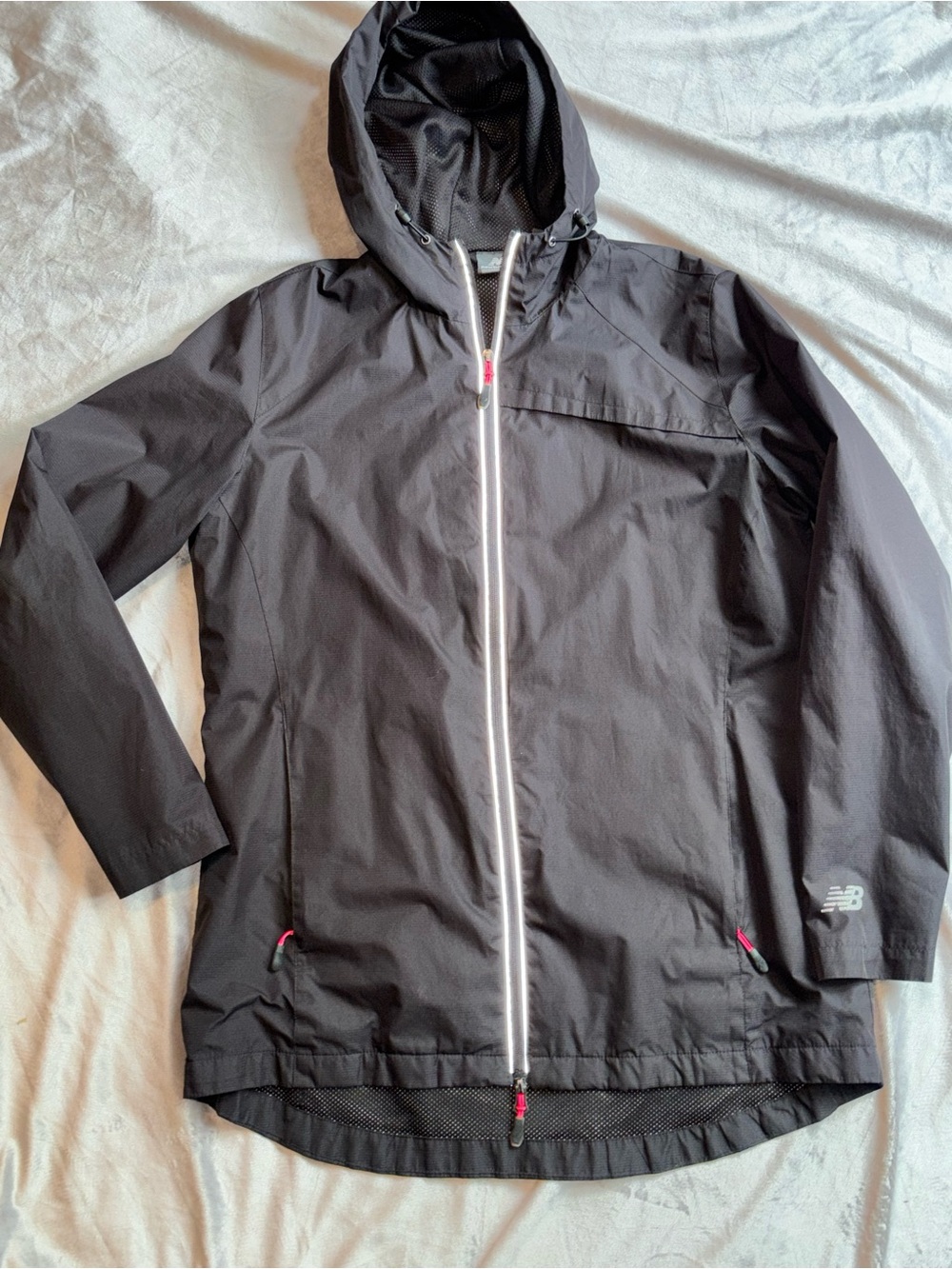New Balance Black Hooded Waterproof Rain Jacket with White Zipper